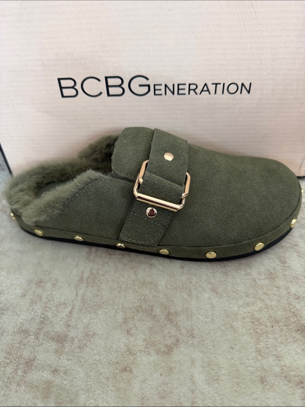 BCBGeneration Haisley Army Olive Green Faux Suede Slip-On Clog with Gold Buckle